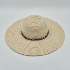 The Accessory Collective Wide Brim Straw Sun Hat Beaded Band Panama Style OS